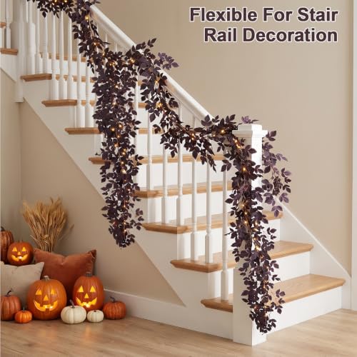 9FT Artificial Plum Cimicifuga Seeded Garland with 100 LED Lights - Fall Decor, Halloween & Thanksgiving