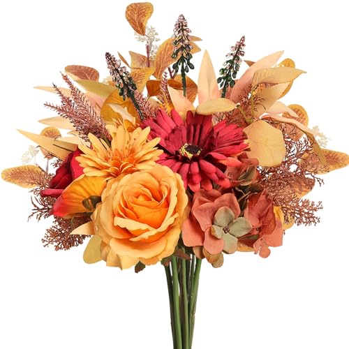 Fall Flowers Artificial Bouquet Set - 2PCS Autumn Silk Floral Arrangements for Home & Wedding Decor
