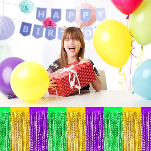 Gold Green Purple Wave Foil Fringe Table Skirts Set - 6 Pack, 29x108 Inches, Party Decorations