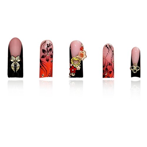 24Pcs Red French Tip Fake Nails Long Square Press on Nails pink Full Cover Glue on Nails with 3D Flower and Rhinestones Designs False Nails Gold Metallic Heart Acrylic Nail for Women