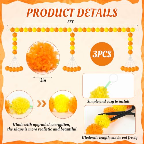 Artificial Marigold Garland for Diwali & Wedding Decor - Orange Yellow 3 Pack, 4.92 Feet Long