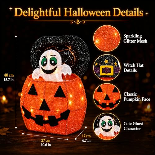 Outdoor Lighted Pop-Up Ghost Gift Box - Halloween Decor with Moving Ghost (Orange)