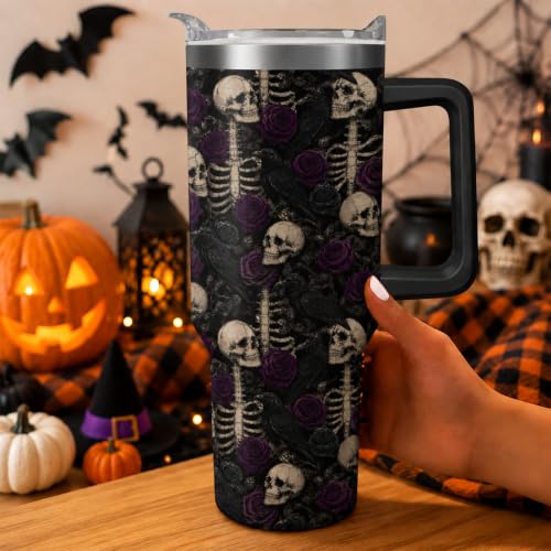 Purple Skull Halloween Tumbler 40oz Insulated Stainless Steel with Handle & Straw