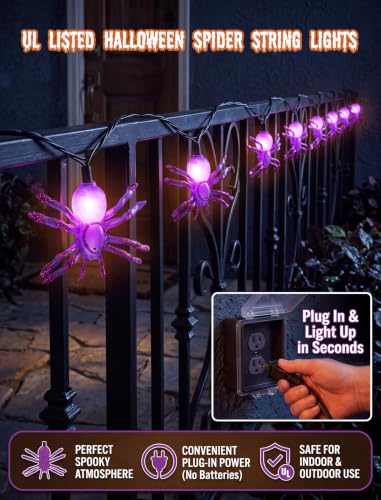 Purple Spider String Lights 12FT Outdoor Halloween Decor - 20 LED