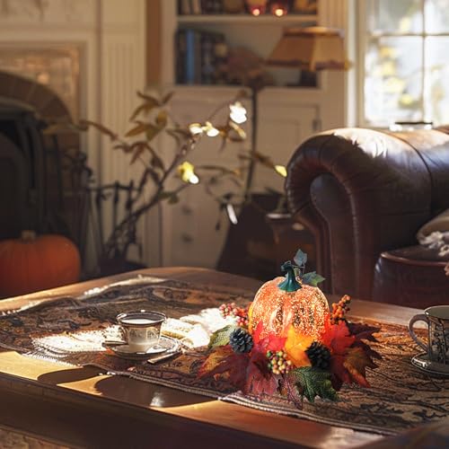 Lighted Pumpkin Fall Decor with LED String, Faux Leaves Berries Pinecones - Indoor Outdoor Thanksgiving Centerpiece