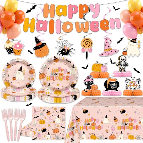 Pink Halloween Party Supplies Kit for Girls with Plates, Napkins, Decorations