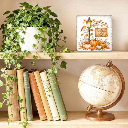 Happy Fall Harvest Pumpkins Wooden Block Plaque Sign - White089