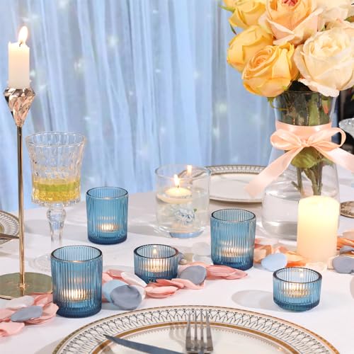 Blue Ribbed Votive Candle Holders Set - 20 Pcs, Assorted Sizes, Wedding & Party Decor Variation of Blue / 20