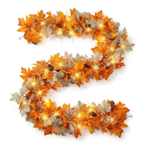 6 FT Fall Garland with Lights - Autumn Decor with Timer - Orange