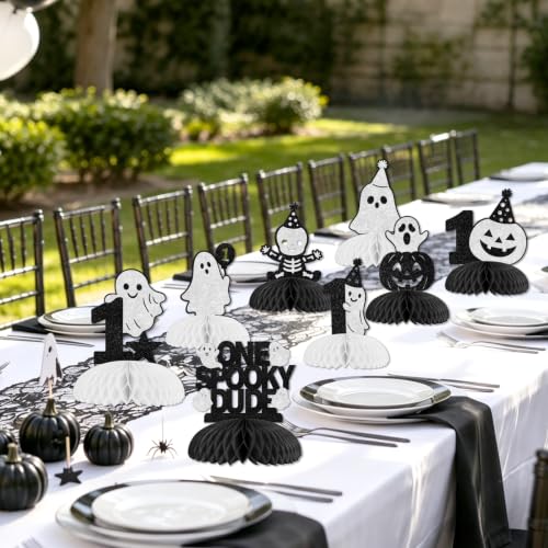Halloween First Birthday Party Decor - Black Silver Honeycomb Centerpieces - Spooky Dude Theme - Variation: Black White