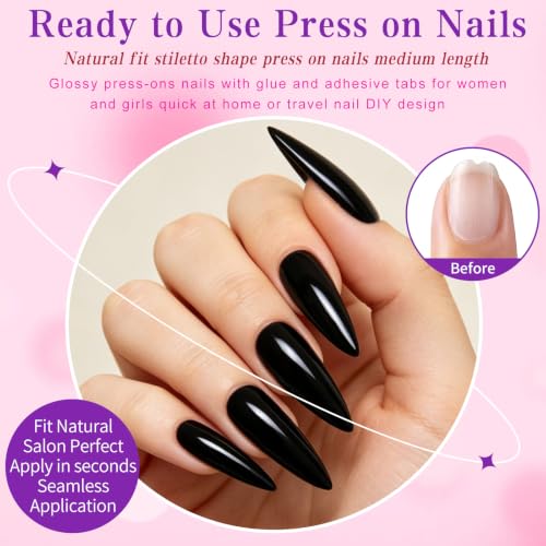 Black Long Stiletto Press-On Nails Kit with Glue & Accessories - 120pcs