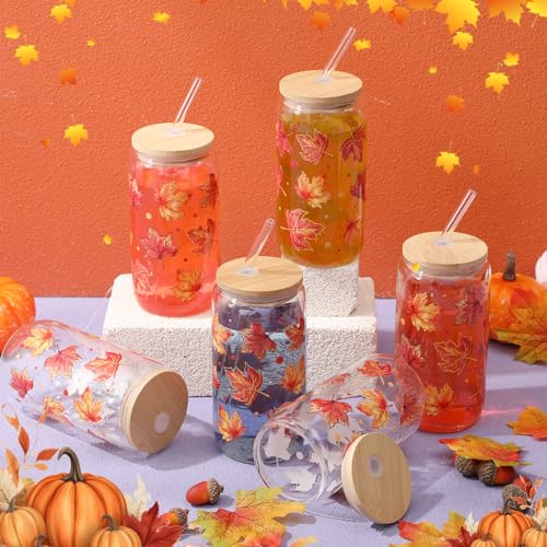 Thanksgiving Maples Glass Cups Set with Lids & Straws - 16oz Autumn Harvest Drinkware