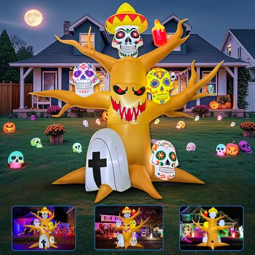8FT Halloween Inflatable Tree Decoration with LED Skulls - Day of The Dead Yard Decor