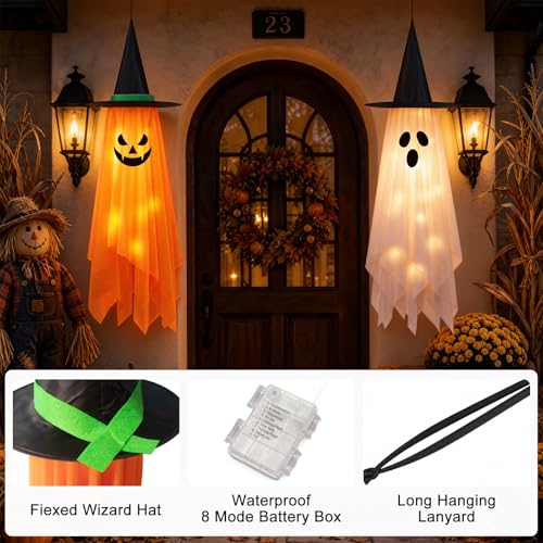Halloween Outdoor Decorations 4ft Hanging Decor with Timer & Remote Control - Orange & White 2 Pack