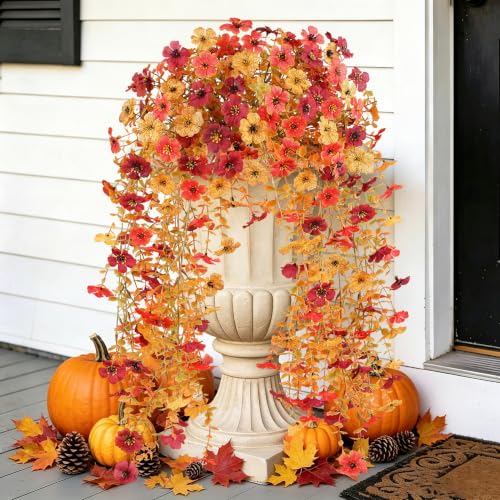 Autumn Artificial Flowers Set - Sunset, Dark Red & Dark Yellow Faux Silk Mums - 2PCS