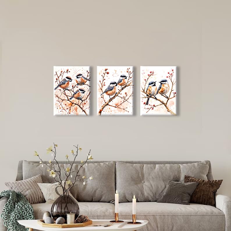 Bird Wall Art Canvas Painting - Cute Watercolor Bird on Branch, 16x12 Inch - Variation of THIS listing