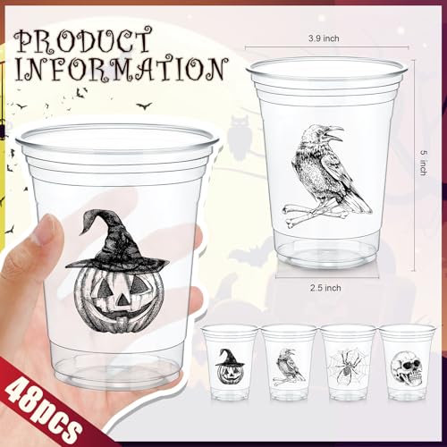 48 Pack Halloween Plastic Cups - 16 oz Skull Design Disposable Party Cups