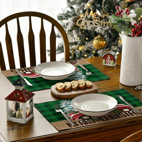 Green and Black Buffalo Plaid Truck Christmas Placemats Set of 4 - 12x18 Inch Rectangular