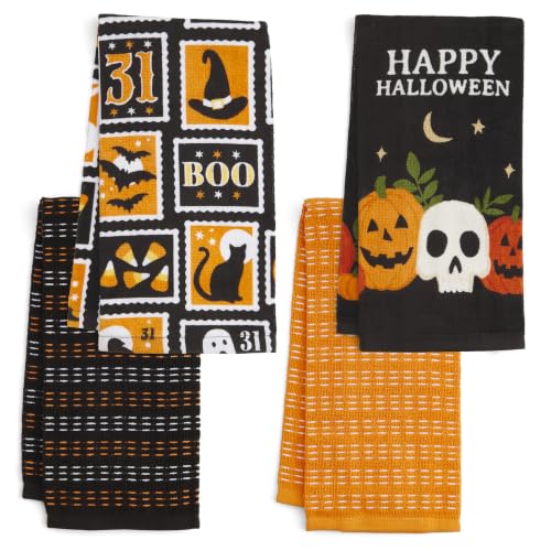Halloween Kitchen Towel Set with Skull & Bat Designs - 4-Piece