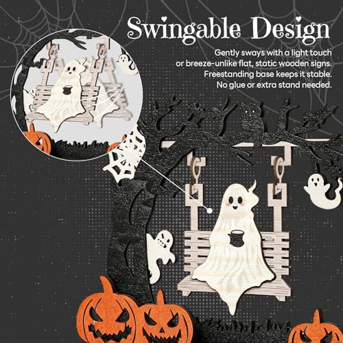 Halloween Ghost Swing Wooden Tabletop Ornament T1 - Creepy Forest Scene Decor