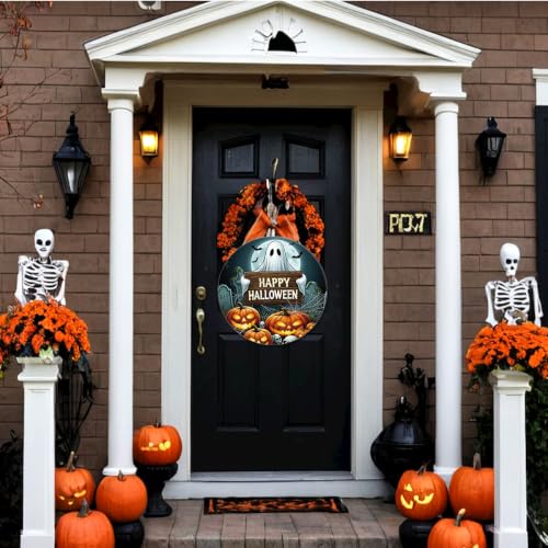 Halloween Ghost Pumpkin Wooden Door Sign - Multicolor 03, Festive Wall Art