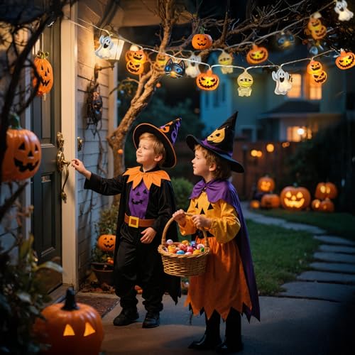 Orange Halloween String Lights - 20 LED Pumpkin Ghost & Cat Decor, 9.84 FT waterproof Indoor Outdoor