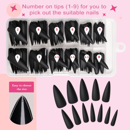 Black Stiletto Press On Nails Long Fake Nails - 144pcs with Glue & Tabs - AddFavor