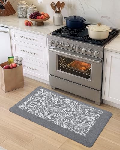 LUMI Anti-Fatigue Kitchen Floor Mat - Leaf Grey, 40 x 20 Inches, Extra Thick Cushioned