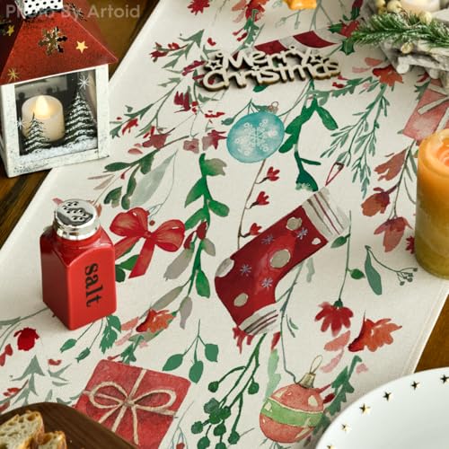 13x120 Inch Floral Christmas Table Runner - Beige Winter Kitchen Decor
