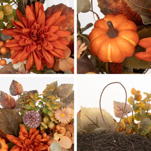 Orange Fall Wreath with Pumpkins Dahlias Berries & Eucalyptus Leaves - 24 Inch Autumn Decor
