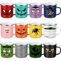 Halloween Coffee Mugs Set - 12 oz Enamel Drinkware with Cute Spooky Designs - 12 Pack