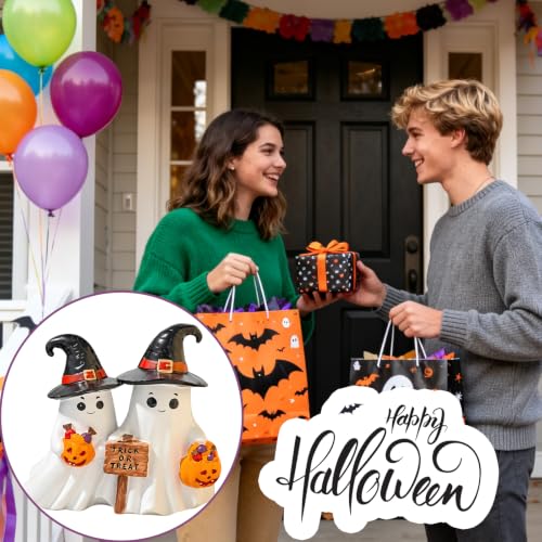Halloween Cute Ghost Figurine with Pumpkin Candy Bucket - Black Hat Variation