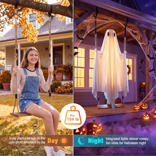 Large 6FT White Swinging Ghost Halloween Yard Decor with 8 Light Modes & Timer