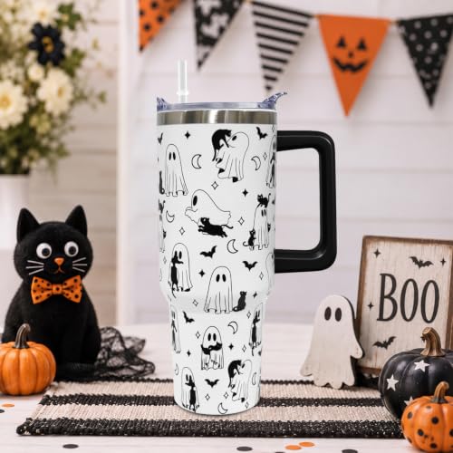 Halloween Ghost Cat Tumbler with Handle 40oz Insulated Water Bottle - Spooky Gift