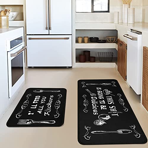 Feed All You Kitchen Rug Set of 2 Non-Slip Waterproof Mats - Black