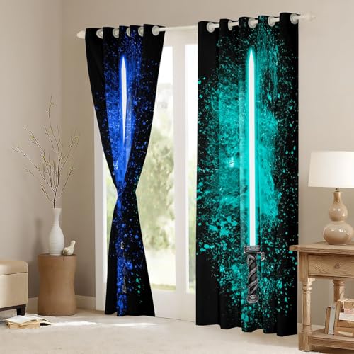 Saber Curtain Set for Kids Bedroom & Living Room - Blue Teal Blackout Insulated Drapes, 42x63 Inches