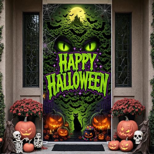Halloween Door Cover Banner Black Cat Bat Pumpkin with Variation - Green