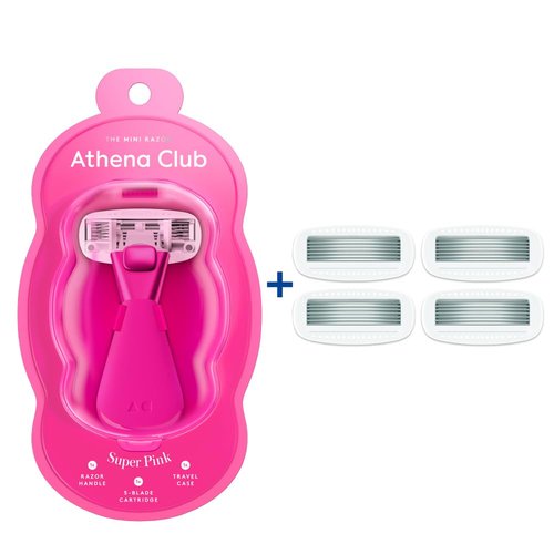 Athena Club Mini Razor Kit for Women, Travel Size 5-Blade Cartridge Razor for Sensitive Skin, Serum-Infused Blades with Shea Butter and Hyaluronic Acid, Includes Handle, 5 Refills and Travel Case