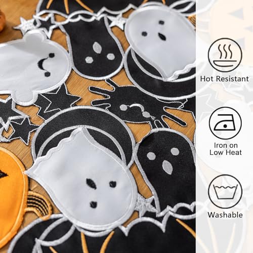 Rectangular Halloween Spooky Placemats Set of 4 - Embroidered Pumpkins & Bats, 13x19 Inch, Gothic Table Decorations for Parties