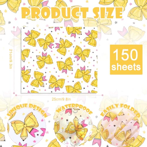 Back to School Wax Paper Sheets with Bow and Pencil Patterns, 150 Pack