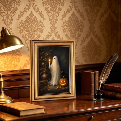Halloween Ghost Wall Art with Black Cat - Gold Framed Canvas Decor - Variation of Ghost Holding Candle