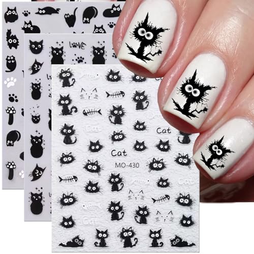Black Cat Nail Stickers for Nail Art 5D Embossed Decals - Fish Skeleton Design, 3 Pieces
