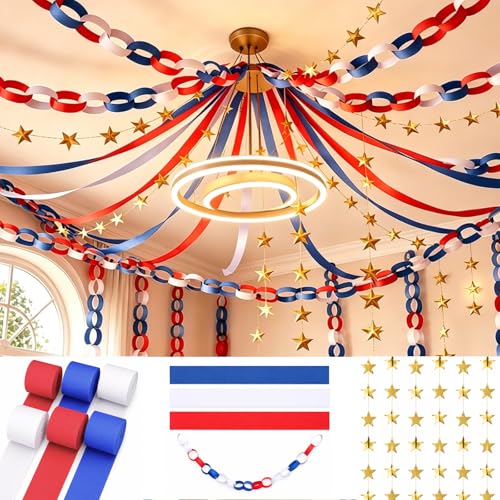 Patriotic Party Decoration Kit - Gold Stars, Streamers & Paper Chains - 492 FT