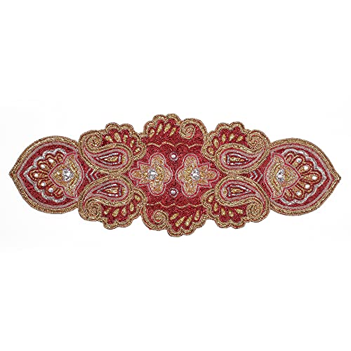 Handmade Beaded Table Runner 13x36 Inches Teal Gold Silver - Paisley Design, Charcoal Silver Gold Variation