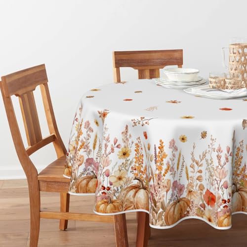Horaldaily Fall Round Tablecloth 90 Inch Orange Maple Leaves Pumpkin