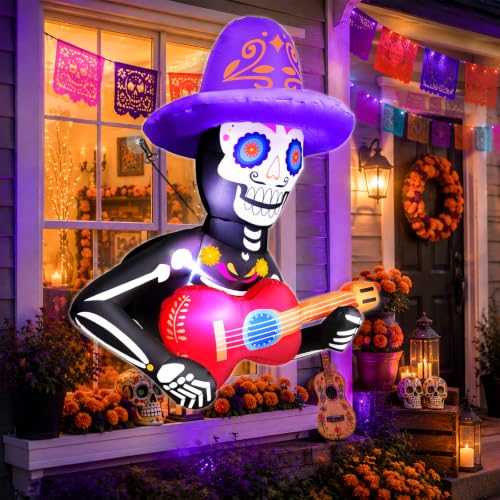 3.5 Ft Day of The Dead Inflatable Skeleton Decor with LEDs for Halloween & Dia De Los Muertos