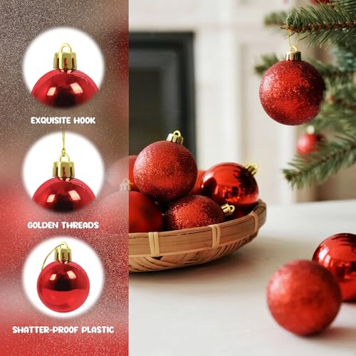 24Pcs Red Christmas Ornament Balls - Shatterproof Holiday Tree Decorations