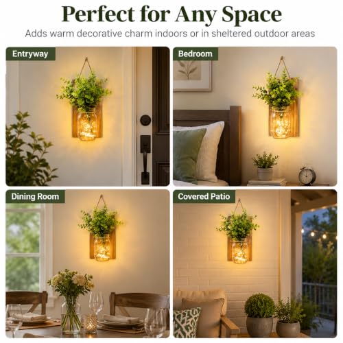 2-Pack Rustic Mason Jar Wall Sconces with LED Fairy Lights & Green Plants