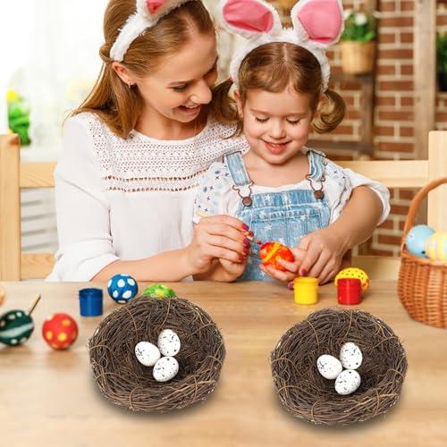 3pcs Faux Rattan Bird Nest Decor with Eggs - 4.7 Inch Spring & Holiday Centerpiece