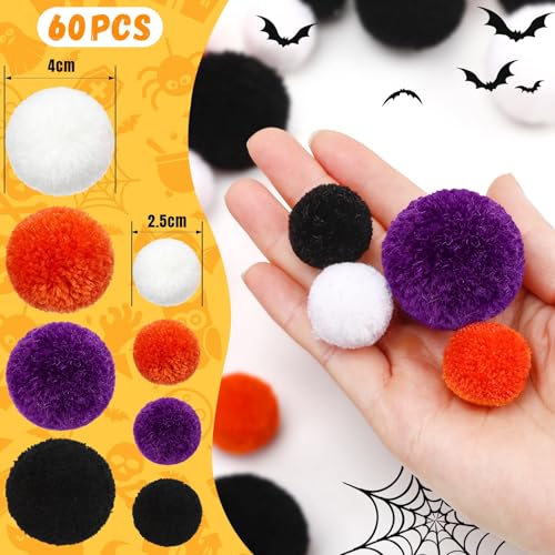 Halloween Yarn Pom Poms Set - Large & Small 60Pcs in Black Orange Purple White
